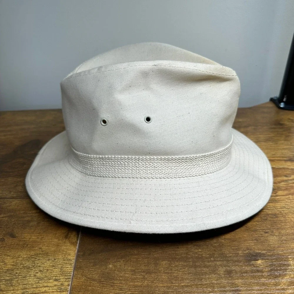 Panama Jack Mens Canvas Safari Fedora Hat Cream Off‎ White Made in USA Medium
